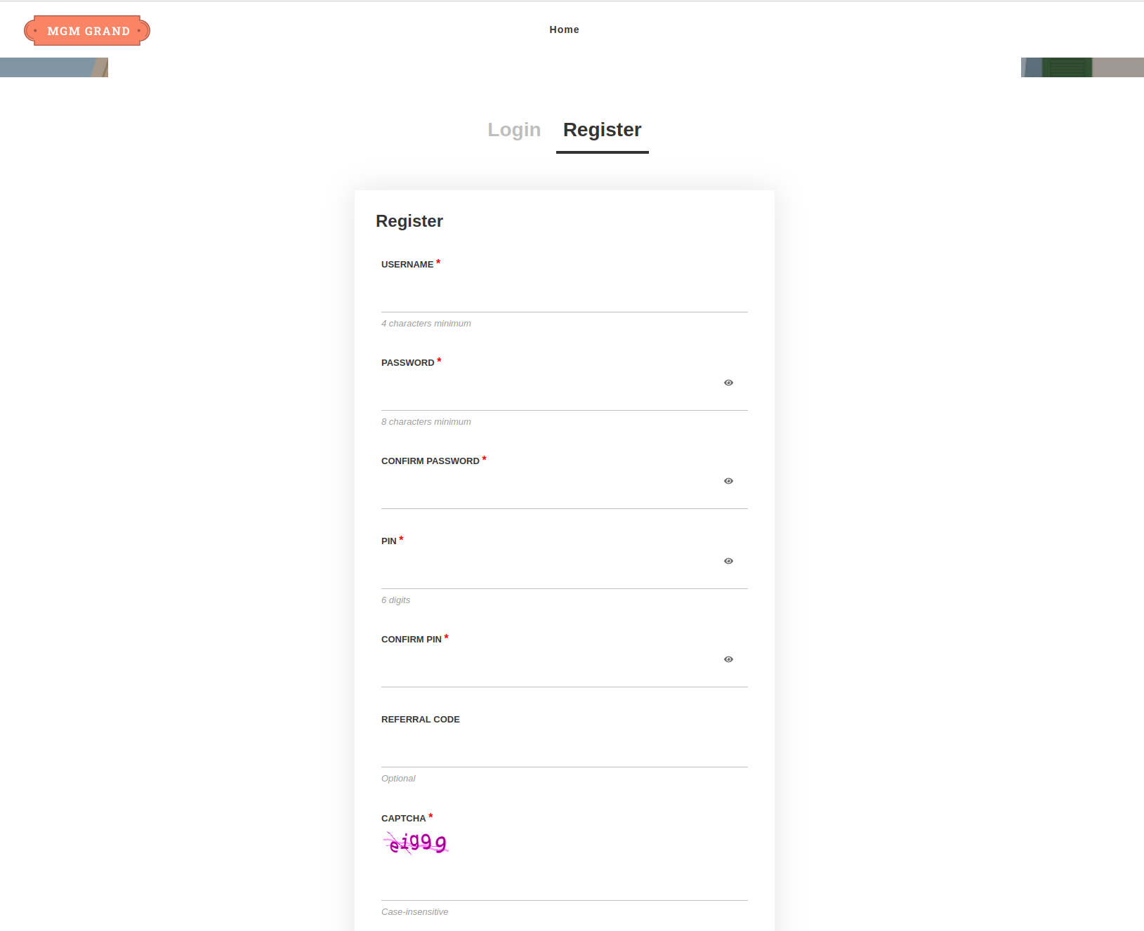 A captcha verification interface showing a login form with MGM Grand logo at the top, username and password fields, and a verification checkbox